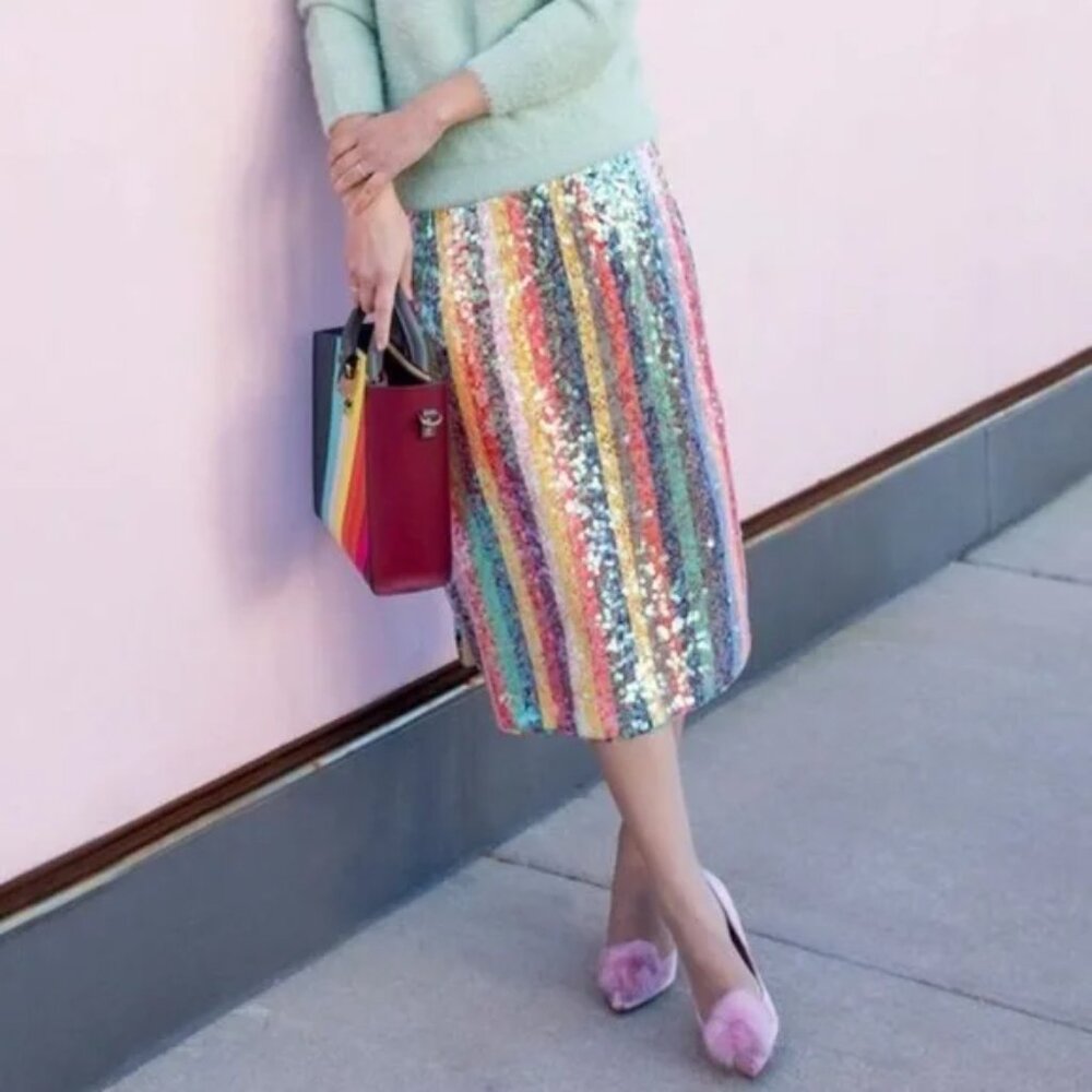 ANTHROPOLOGIE MAEVE Multicolor Sequin Stripes Side Slits Midi Skirt, Size 6